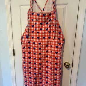 Lucy & Yak Pink-White Gingham Midi Dress with Blue Heart Print